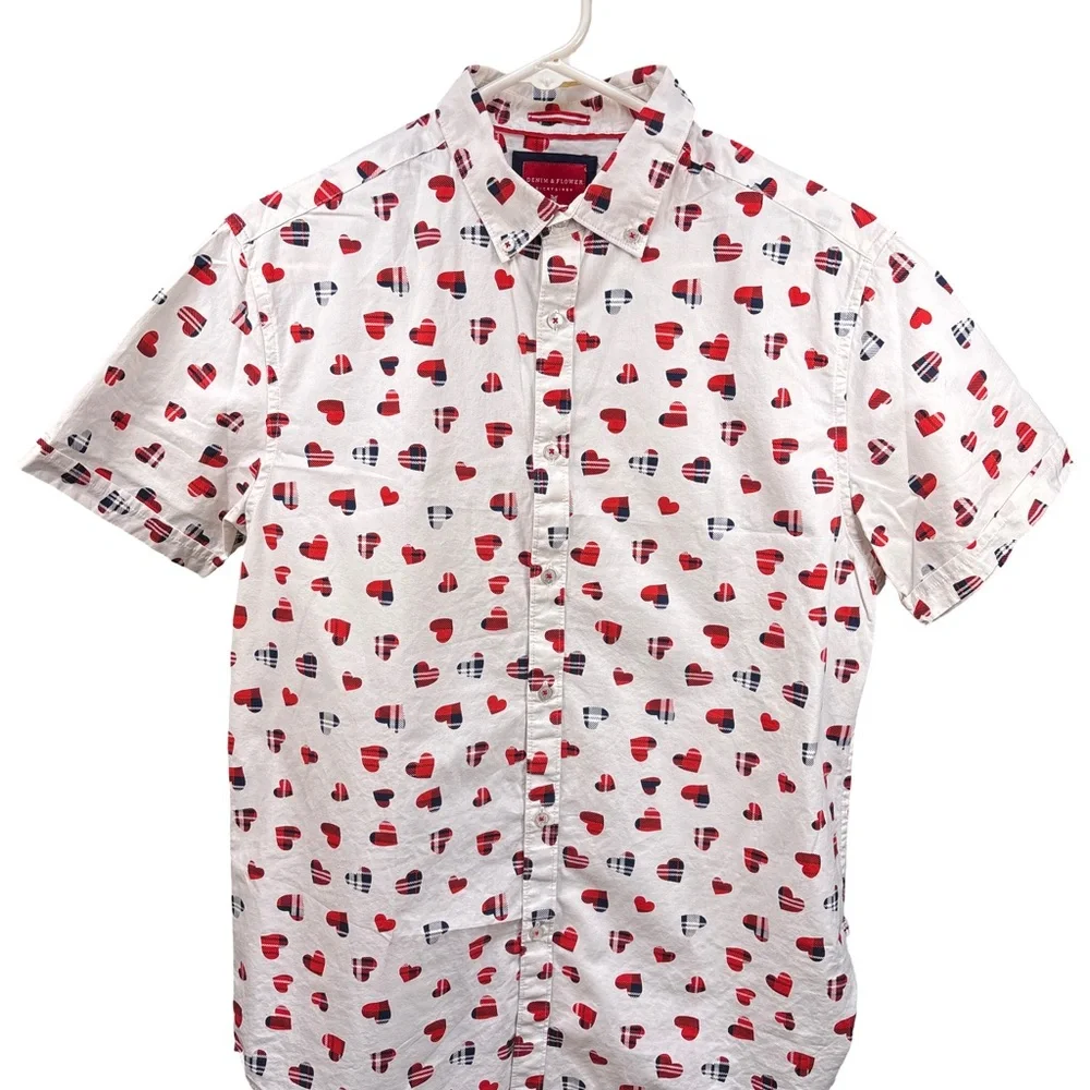Denim & Flower White Cotton  Shirt with Red and Black Heart Design Medium